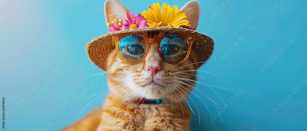 Fototapeta premium Happy smile kitty Cat wear sunglasses with summer season costume isolated on background, with empty copy space