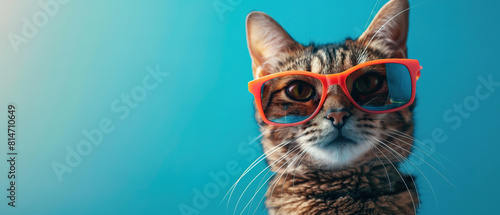 Happy smile kitty Cat wear sunglasses with summer season costume isolated on background, with empty copy space photo