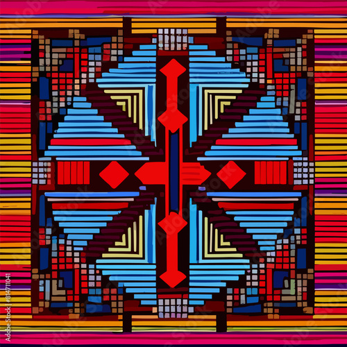 Seamless pattern in patchwork style. Embroidered print for carpet, textile, wallpaper, wrapping paper. Ethnic and tribal motifs. Handwork. Vector illustration.