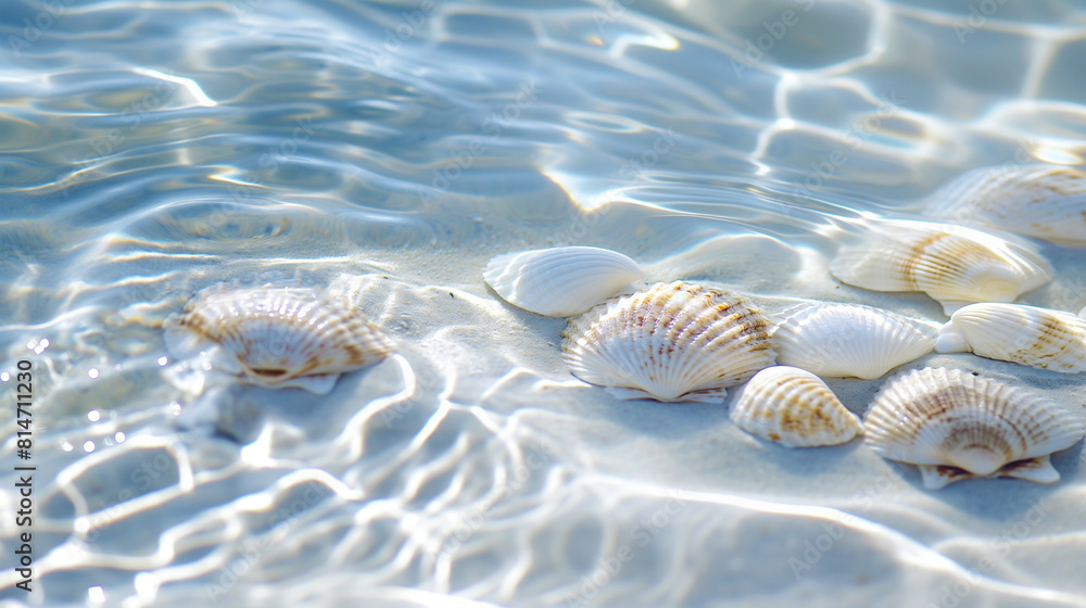 Background of shells on white sand under a layer of clear water, with ripples running through the water. Background of shells on white sand under a layer of clear water, with ripples running through the water.