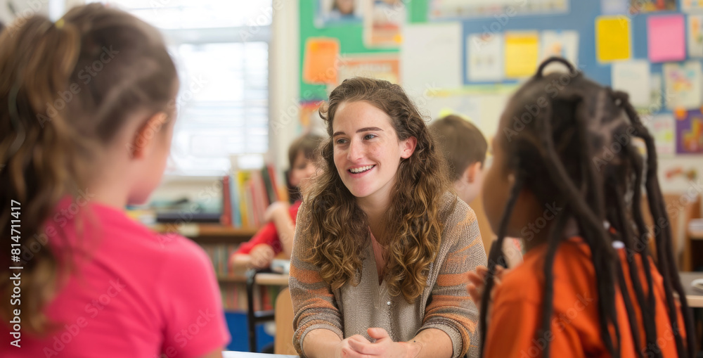 A group of diverse children sitting attentively at a desk in a classroom, listening to their teacher. A group of diverse children sitting attentively at a desk in a classroom, listening to their teacher.