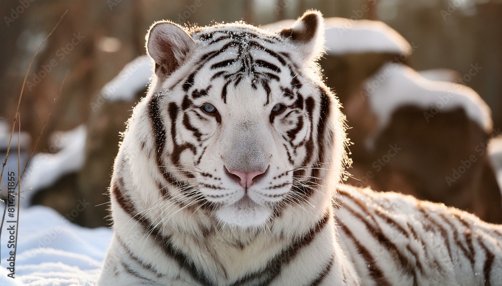 Fototapeta premium Un gros plan d'un tigre blanc qui rugit dans la neige