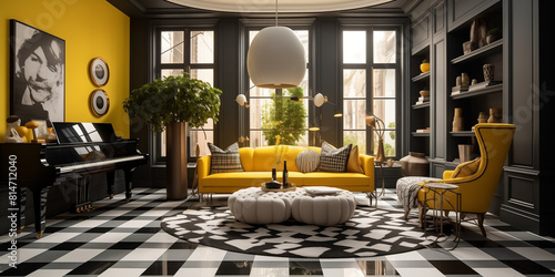 A Black and white checkered tiles alongside a plush yellow carpet in a stylish urban apartment. 