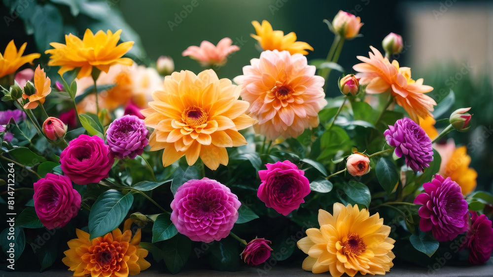 Yellow, pink and white flowers bouquet. Dhalias and chrysanthemums. Close up, macro, revealing beauty in small details. Yellow, pink and white flowers bouquet. Dhalias and chrysanthemums. Close up, macro, revealing beauty in small details.