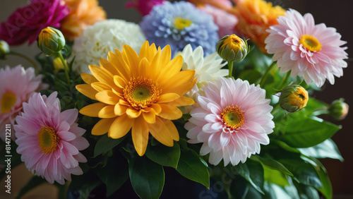 Yellow  pink  white and blue flowers bouquet. Dhalias and hydrangeas. Close up  macro  revealing beauty in small details.