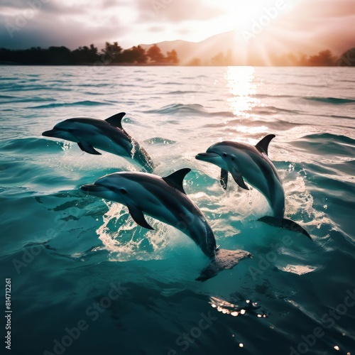 Group of dolphins swimming in tropical water