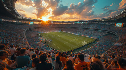 Rideaux Stade A large soccer stadium filled with cheering fans at sunset, watching an intense match unfold on the field.  © Prostock-studio