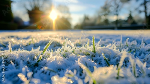 Grass blades with morning frost, ideal for nature and seasonal change themes. photo