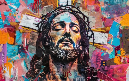 Vibrant Colorful Jesus Christ Collage for Spiritual Designs Generative AI