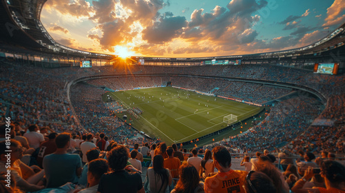 A large soccer stadium filled with cheering fans at sunset, watching an intense match unfold on the field. photo