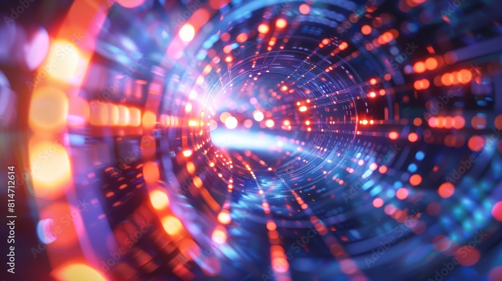 Obraz premium Dynamic, futuristic tunnel of glowing neon lights, ideal for tech or sci-fi projects.