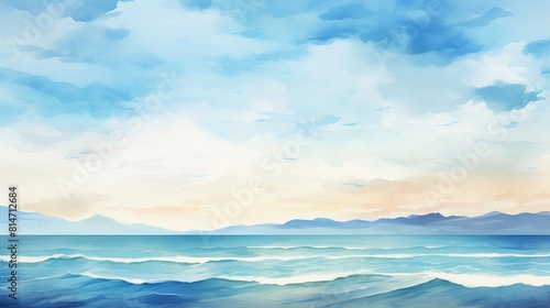 Ocean themed mural painting flat design front view coastal art theme water color Tetradic color scheme
