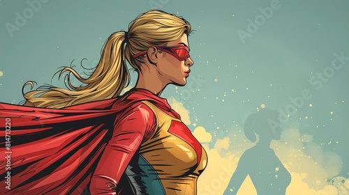 A heroic female superhero in a red cape. 
