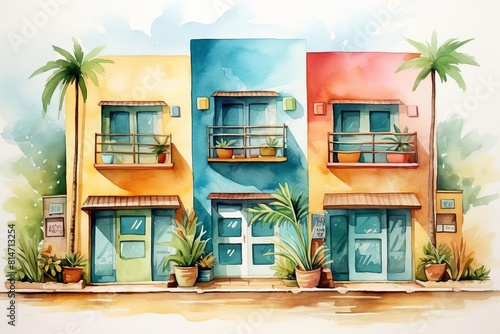 Tiny boutique hostels flat design front view traveler accommodations theme water color Tetradic color scheme