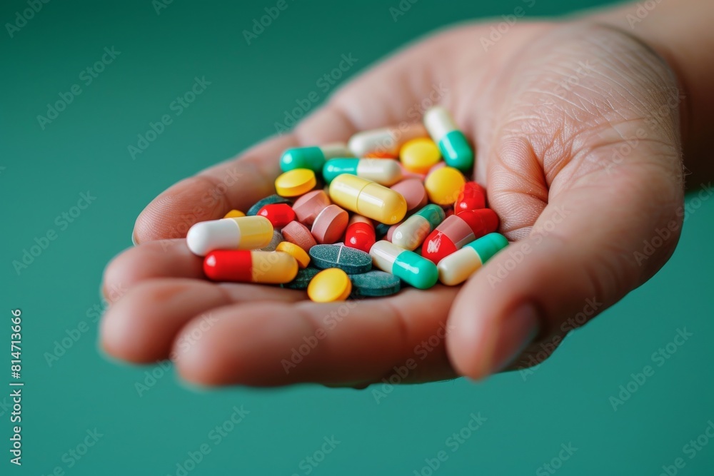 A hand is holding a bunch of pills, some of which are multicolored A hand is holding a bunch of pills, some of which are multicolored