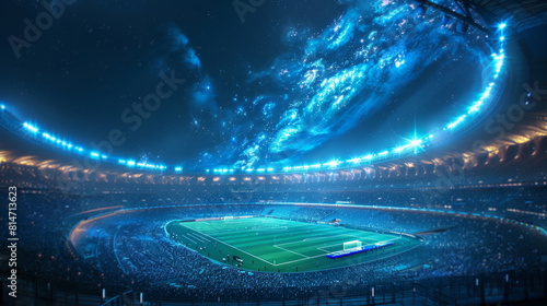 A packed stadium under a captivating night sky illuminated by dazzling lights.