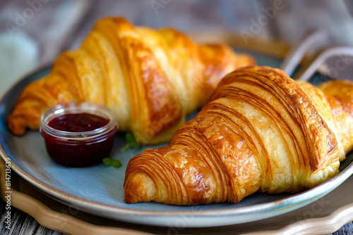 AI generated illustration of warm buttered croissants with a glass ramekin of homemade jam photo