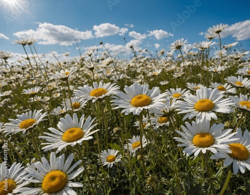 Indulge in the beauty of a countryside field of daisies under a clear blue sky.