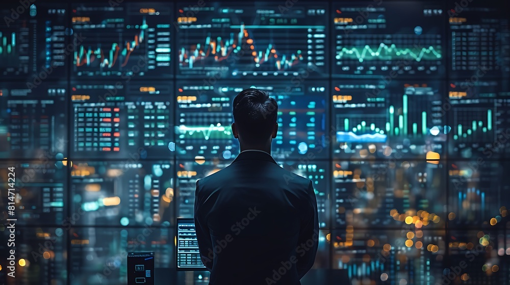Businessman watching over computer screens for livestock trading values Businessman watching over computer screens for livestock trading values