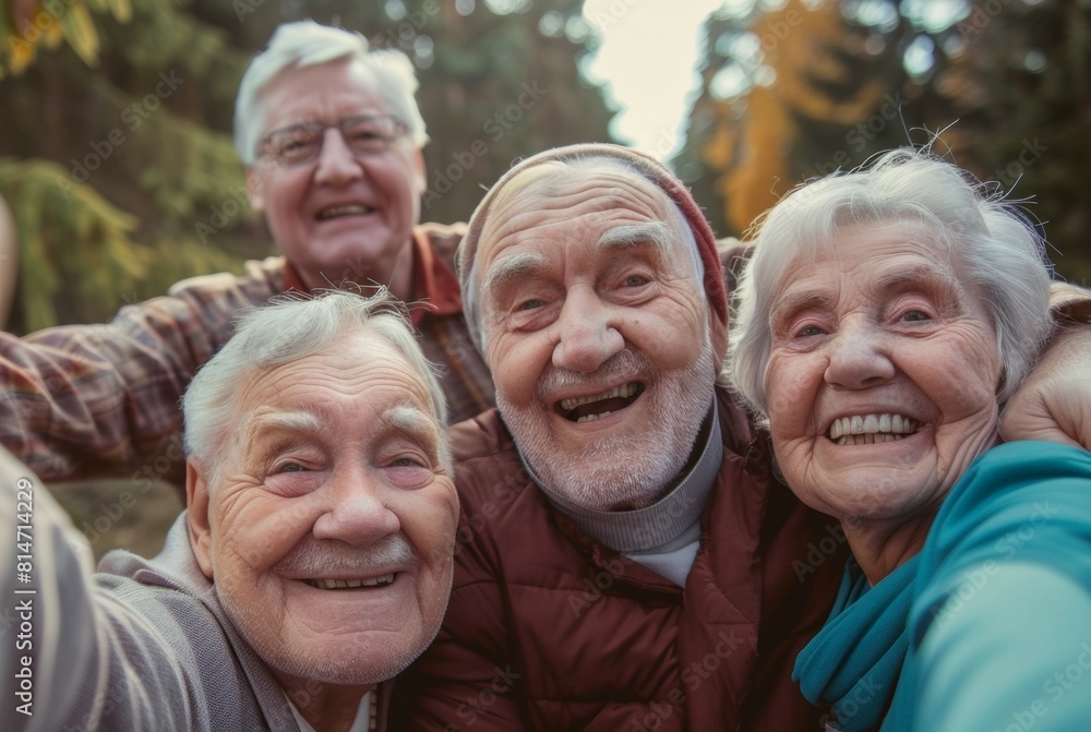 Group of Joyful Seniors Taking Selfie in Autumn Park Group of Joyful Seniors Taking Selfie in Autumn Park