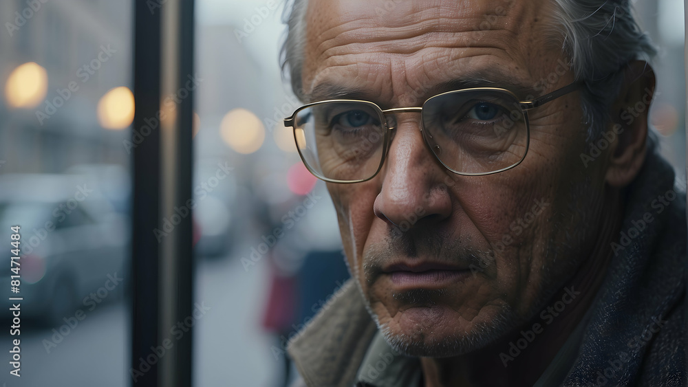 Close-up of elderly man with glasses looking serious Close-up of elderly man with glasses looking serious