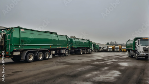 Fleet of garbage trucks in parking area
