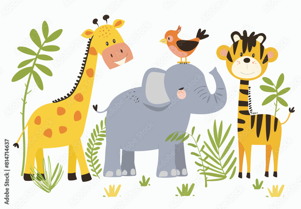 an elephant, giraffe, and zebra standing in the grass
