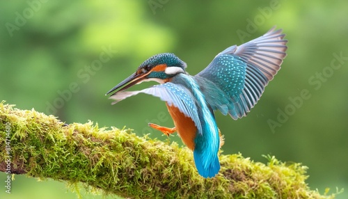 common kingfisher alcedo atthis flying away after diving for fish in the forest in the netherlands photo