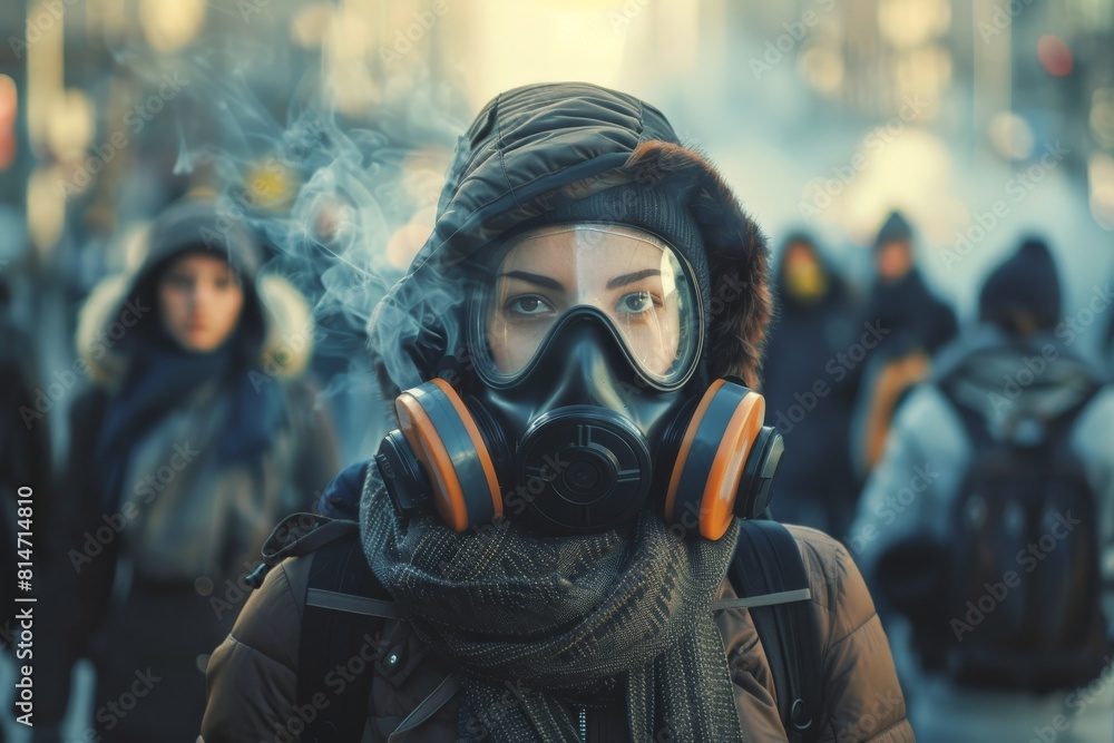 A woman wearing a gas mask and a scarf stands in front of a crowd of people A woman wearing a gas mask and a scarf stands in front of a crowd of people