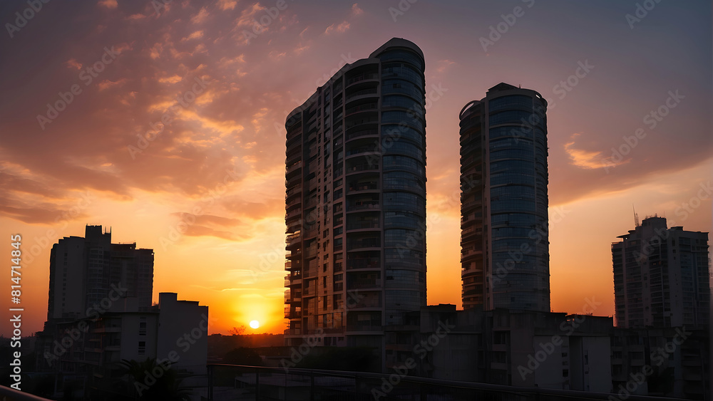 Sunset silhouette of urban highrises