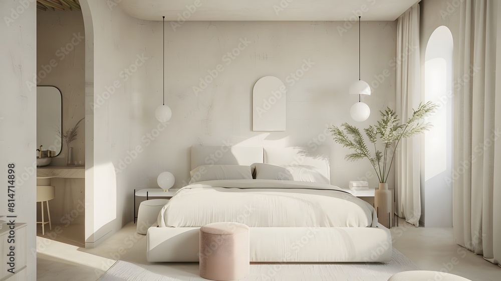 Fototapeta premium airy bedroom with minimalistic furniture and soft textures