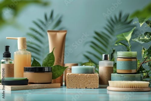 A collection of beauty products  including a bottle of lotion  a jar of soap