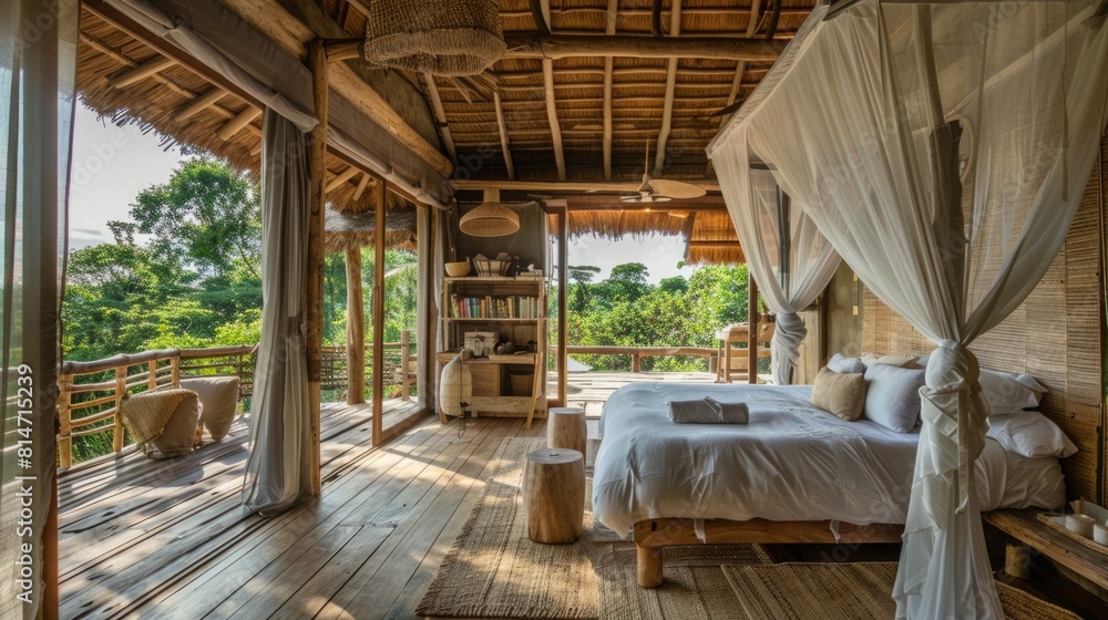 Bedroom interior featuring a bed with a balcony offering a view of the lush jungle landscape. Bedroom interior featuring a bed with a balcony offering a view of the lush jungle landscape.