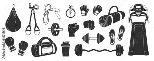PNG Sport equipment elements in modern flat line style. Hand drawn fitness inventory, gym accessories vector illustrations. Healthy lifestyle. Dumbbell, sport bag, barbell, fist, shoes