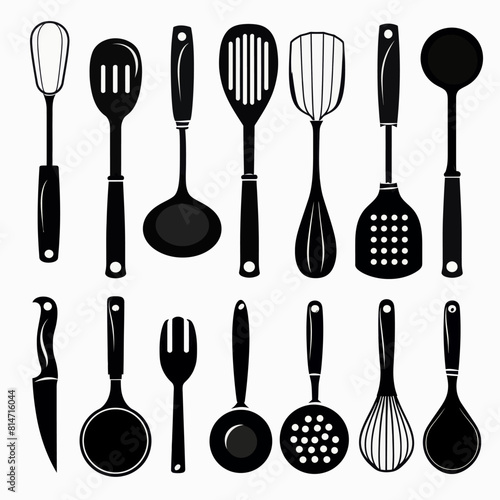 a set of kitchen utensils silhouettes on a white background