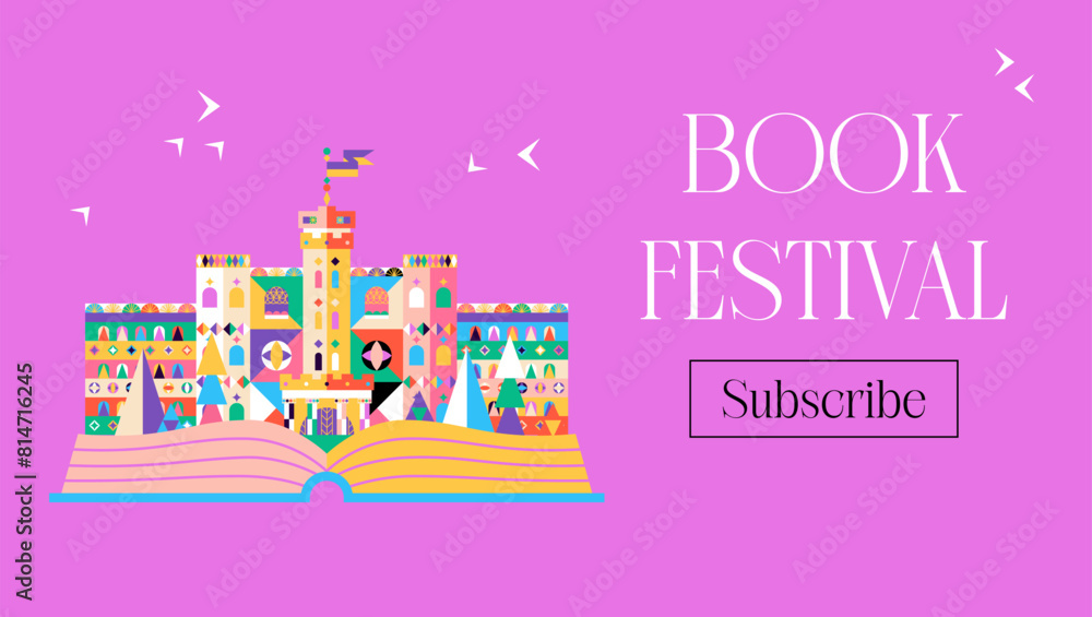 Naklejka premium Book Festival Castle Banner. Vector Illustration of the Magical Fantasy Building with Open Book Promotion. Subscribe Button.