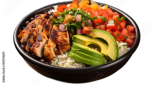 A Tex-Mex burrito bowl with rice, beans, grilled chicken, salsa, and avocado and a transparent background.