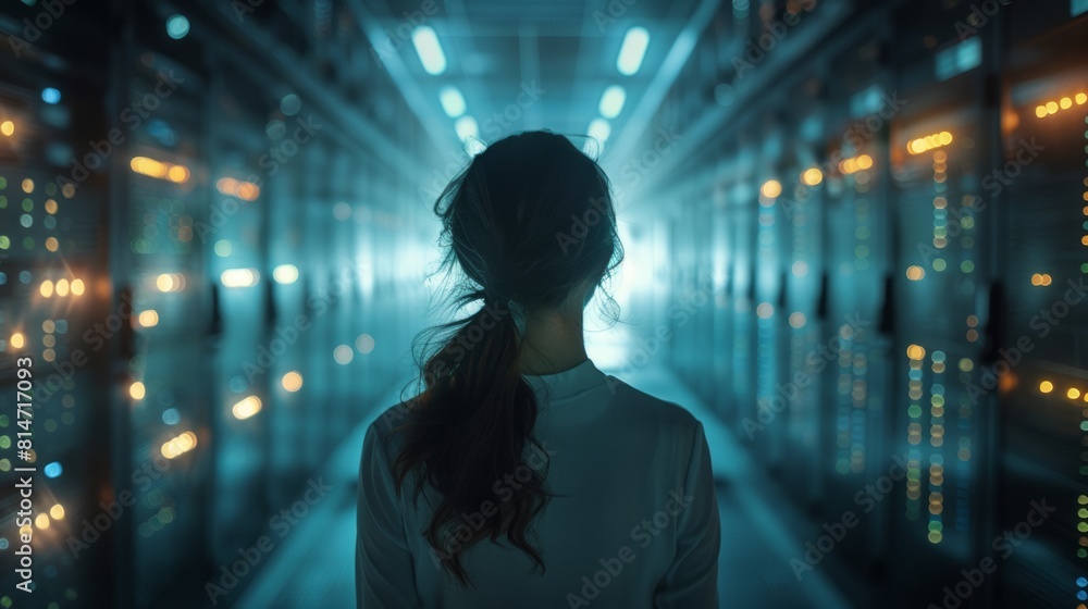Rear view of a female engineer working in server room at night. Rear view of a female engineer working in server room at night.