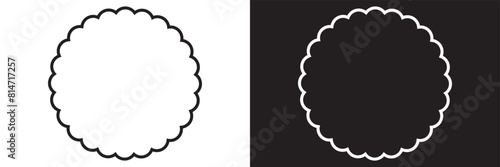 Scalloped circle shape and frame icon. Clipart image isolated on white and black background. Flower silhouette lace frame.