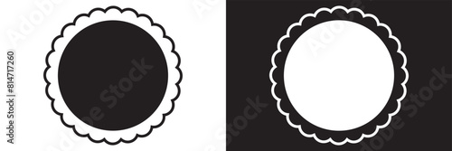 Scalloped circle shape and frame icon. Clipart image isolated on white and black background. Flower silhouette lace frame.