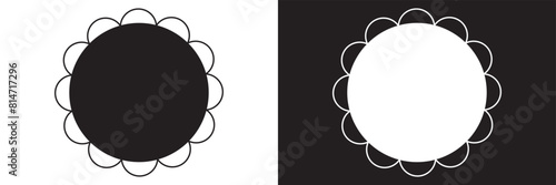 Scalloped circle shape and frame icon. Clipart image isolated on white and black background. Flower silhouette lace frame.