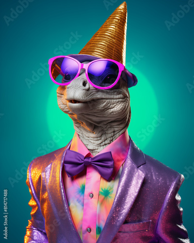 Anthropomorphic turtle dressed in vibrant party attire, including purple sunglasses and a gold cone hat, on teal iluminated background. Funny birthday card photo