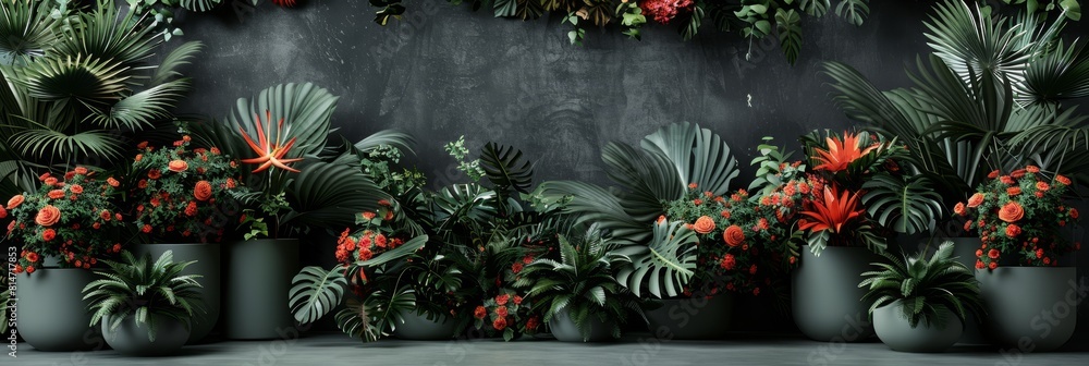 Tropical oasis vibrant palm trees, exotic flowers, and wildlife create a lush summer getaway scene Tropical oasis vibrant palm trees, exotic flowers, and wildlife create a lush summer getaway scene