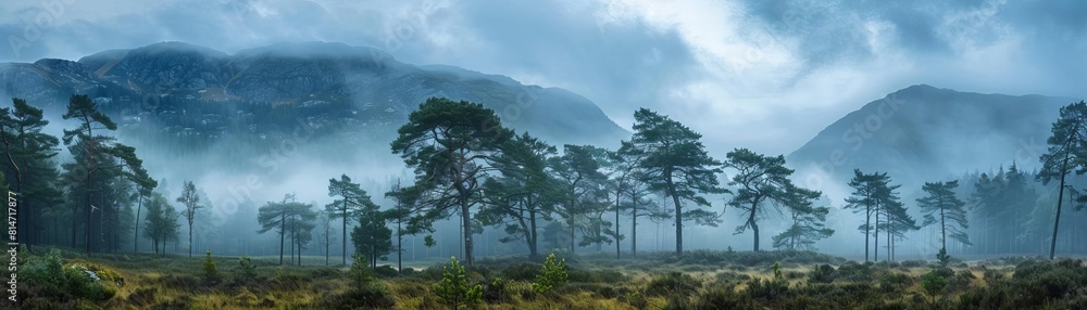 Panoramic landscape of a misty forest with mountains in the background. The image has a dark and moody feel to it. Panoramic landscape of a misty forest with mountains in the background. The image has a dark and moody feel to it.