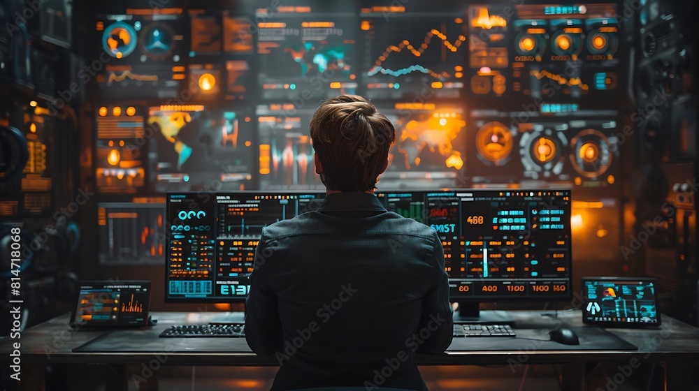 Businessman watching over computer screens for livestock trading values Businessman watching over computer screens for livestock trading values