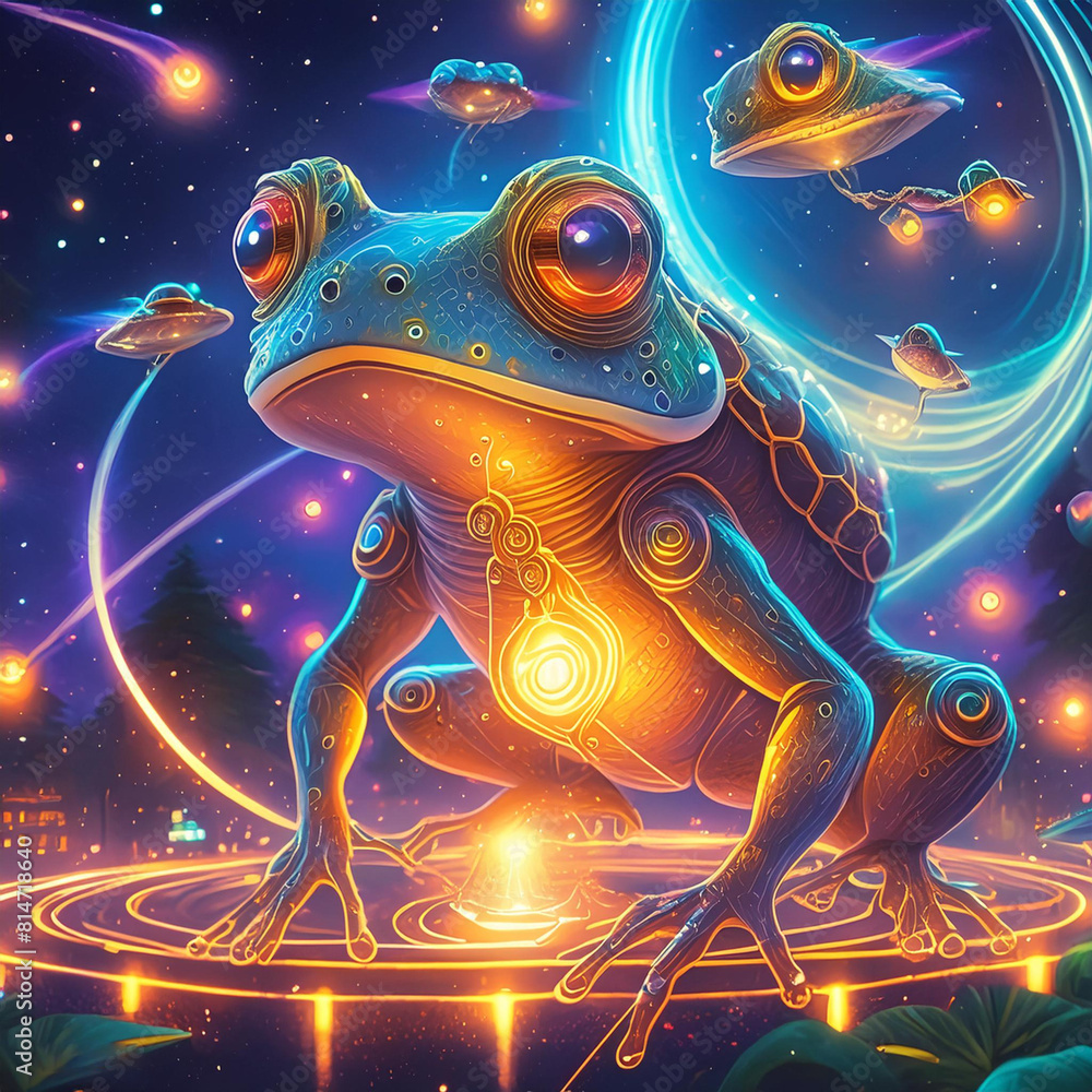 a colorful illustration of a frog with a purple background with a blue and yellow star