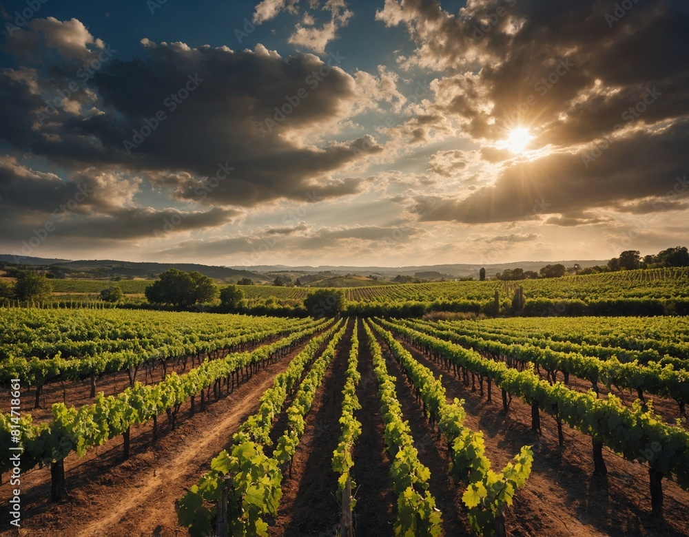 Marvel at the charm of a countryside vineyard with rows of grapevines and a rustic winery.