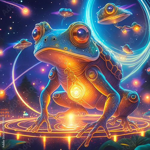 a colorful illustration of a frog with a purple background with a blue and yellow star