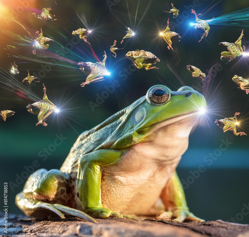 a frog with a large eye that is sitting in front of a group of small birds