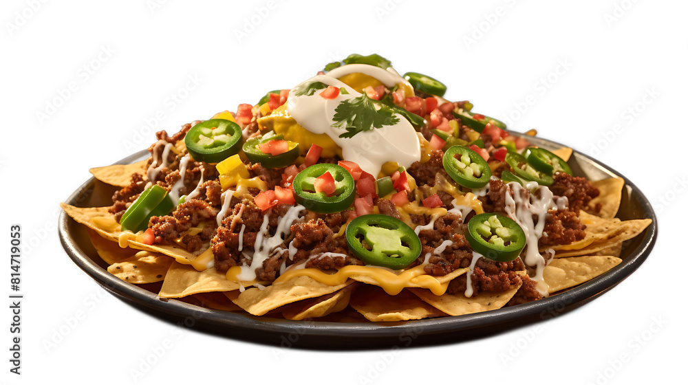 A Tex-Mex loaded nachos platter with a transparent background. A Tex-Mex loaded nachos platter with a transparent background.